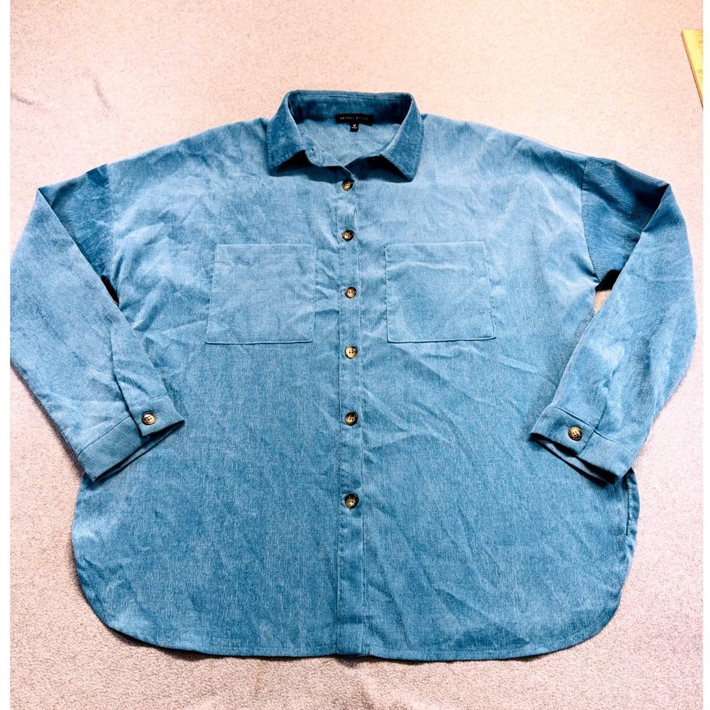 Kendall & Kylie Women M Blue Corduroy Button Up Shacket Oversized Shirt Softcore